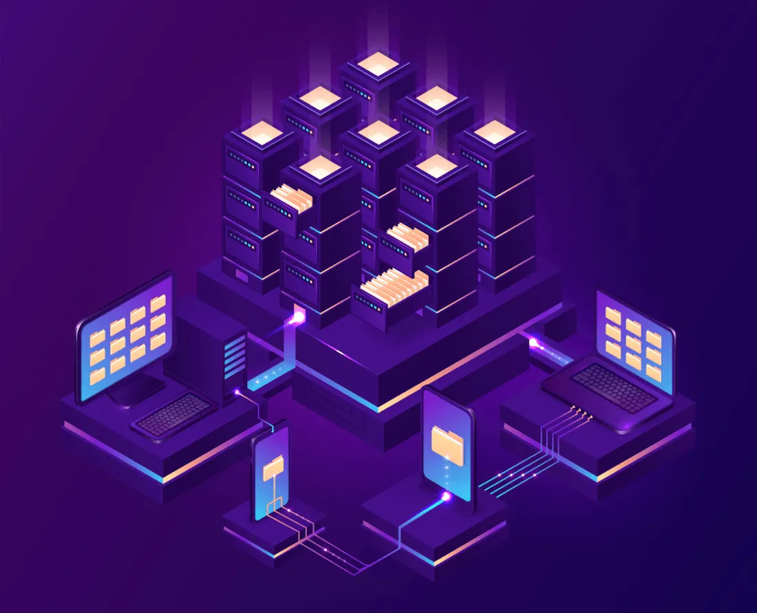 Isometric illustration of a cloud data warehouse serving queries to desktops, laptops and phones