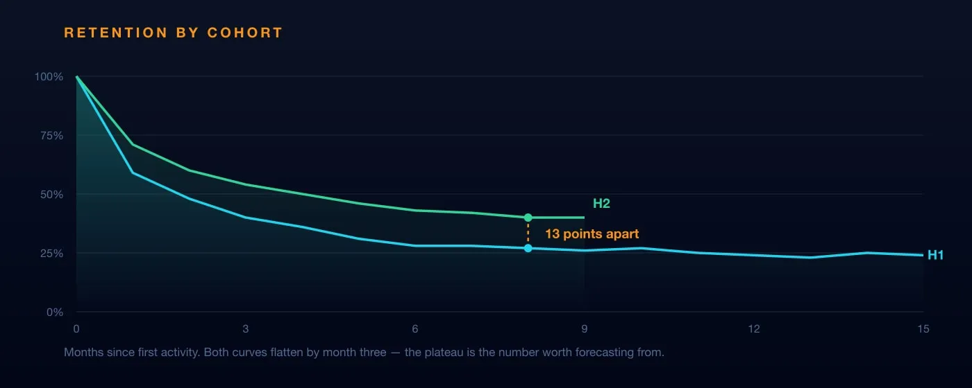 Retention curves for two cohorts from the same year: the first-half group drops to 27% by month eight and flattens near 24%, while the second-half group holds 40% — a thirteen point gap that a blended average would hide